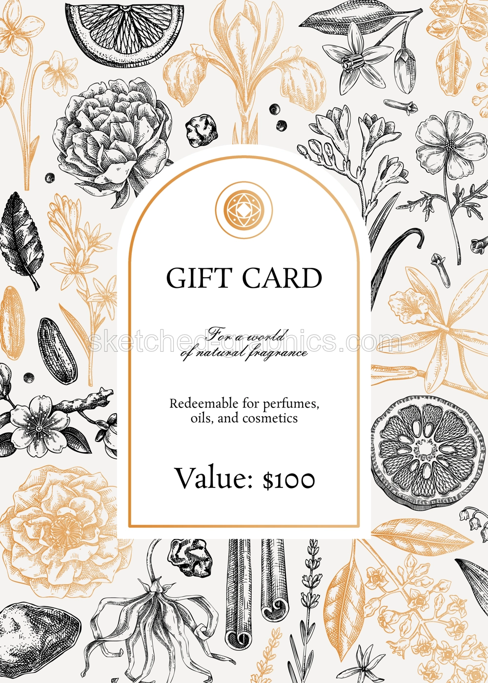 Sketch style botanical gift card template. Vintage perfume and cosmetic frame design. Hand-drawn vector illustration. Aromatic plants and flower sketches. NOT AI generated Illustration
